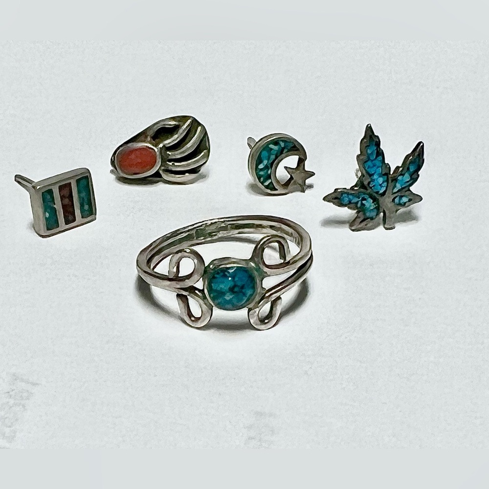 Sterling Silver Turquoise Red Coral Native American Jewelry set of 5 pieces